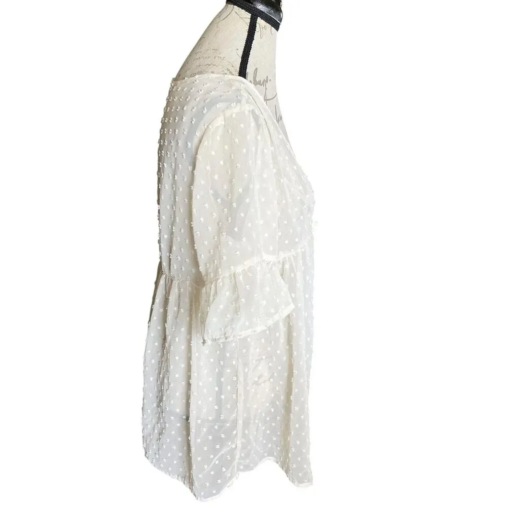 Women's Swiss-Dot Sheer Tie Front Flutter Short Sleeve Swim Coverup Sheer Ivory